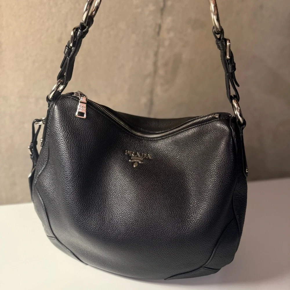 PRADA Vitello Daino Hobo in Black Leather with Silver Hardware